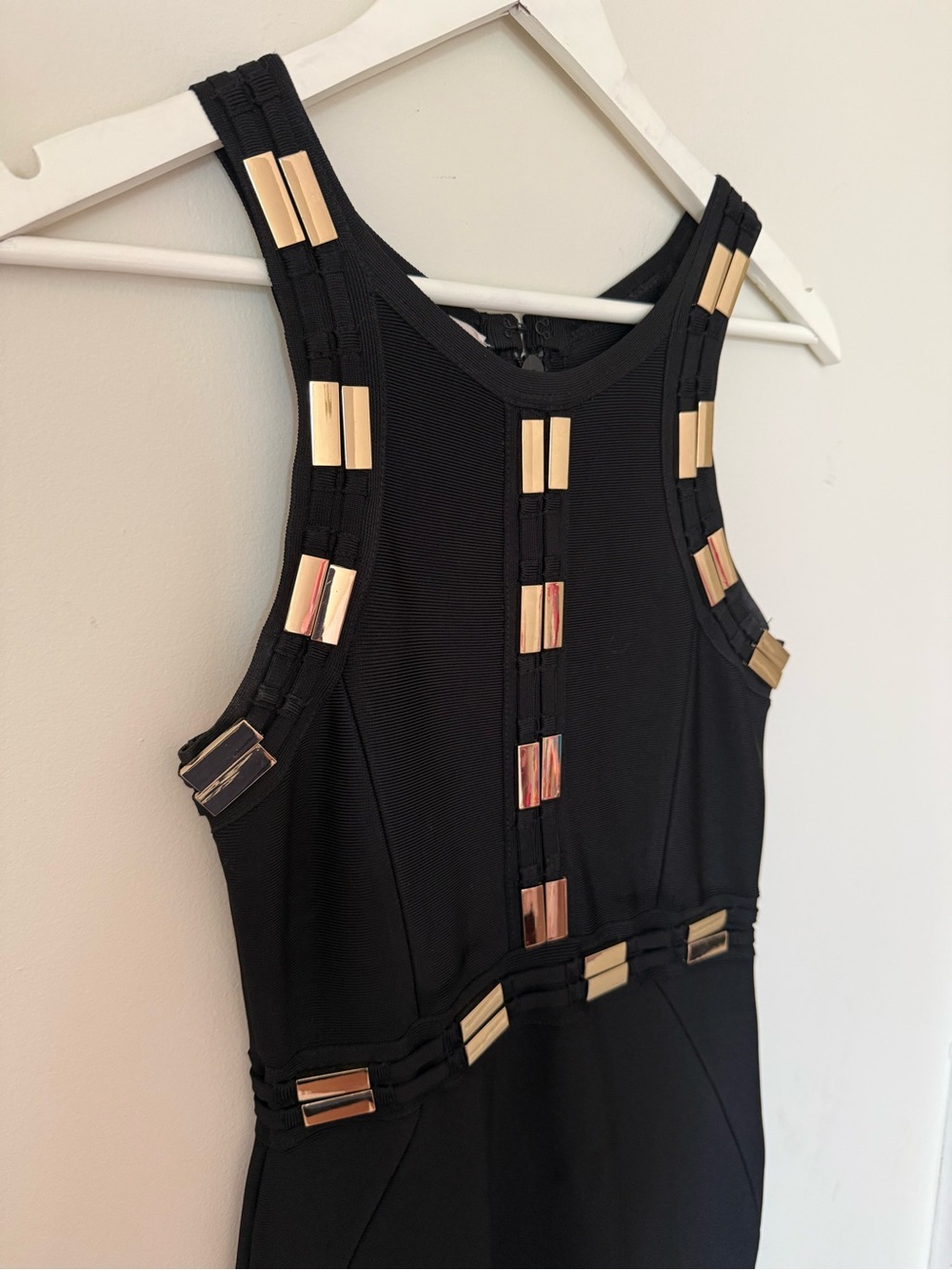 House of CB Black Sleeveless Midi bandage Dress with Champaign gold  Accent - Picture 2 of 5